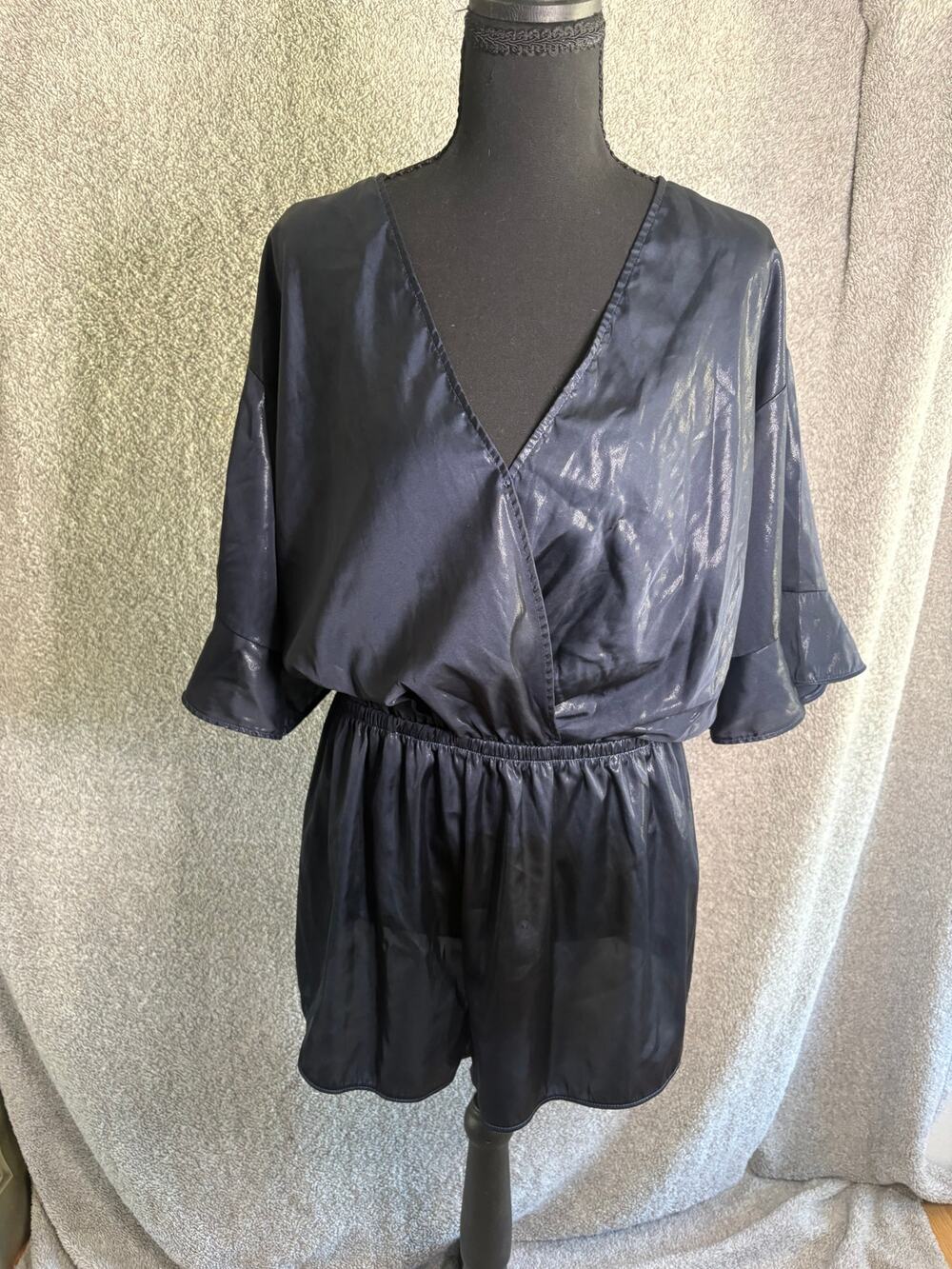 Victoria’s Secret Navy Satin Romper L Flutter Sleeve Loungewear
